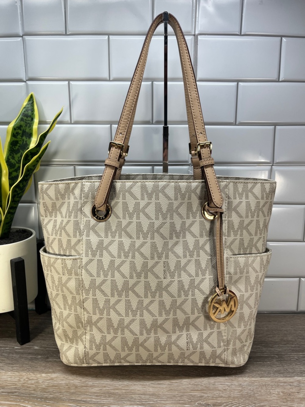 9287 Michael Kors Neutral Beige Canvas Tote with Leather Trim 259889287